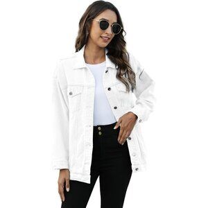 Women's Oversized Mid Long Denim Jacket Jean Biker Coat Long Sleeves White